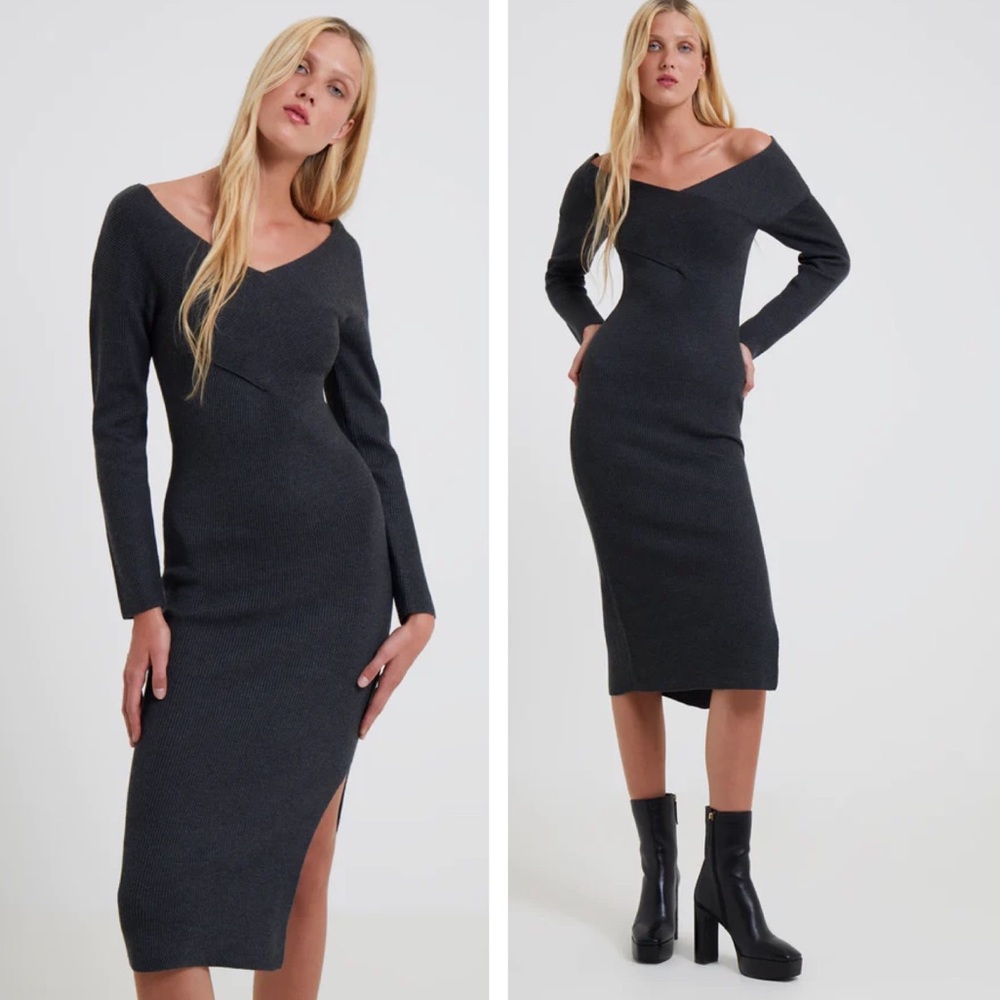 NWT FRENCH CONNECTION Lydia Knit Bardot Dress Wool Blend In Charcoal